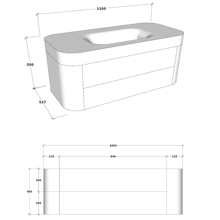 Dushlux Baia Тумба подвесная 110x52x40см, с раковиной, 1 отв., 2 выдвижных ящика, цвет: белый матовый