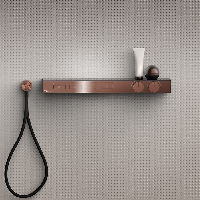 Gessi Hi-Fi Термостат для душа, с вкл. до 4 источников одновременно, с полкой из черного мат. стекла, цвет: Copper Brushed PVD
