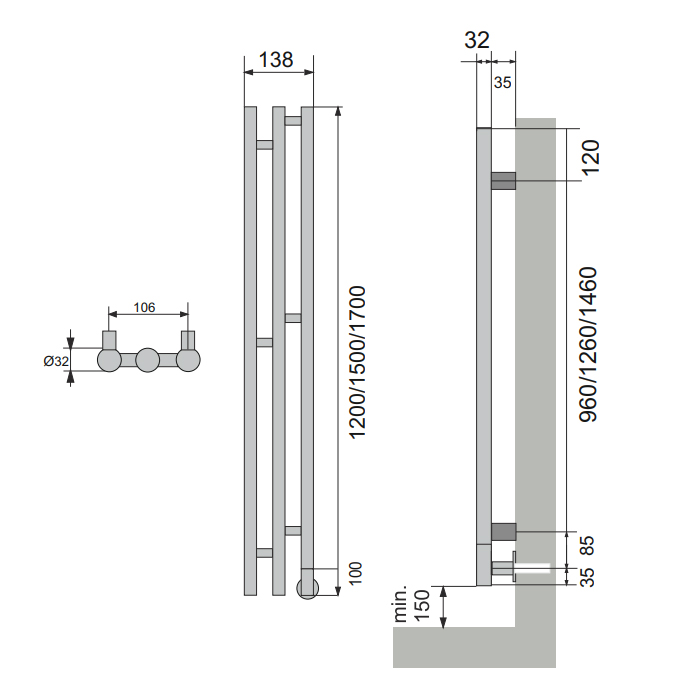 Neoinox Verto Полотенцесушитель 150x13.8см, электрический, box, цвет: хром