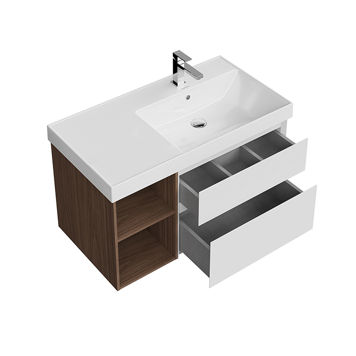 Kerama Marazzi Cubo Тумба 90см., подвесная, с ящиками, правая, цвет: белый матовый/орех