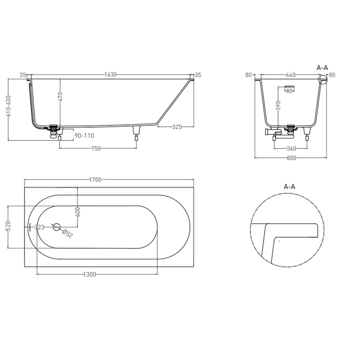 Salini Ornella Kit Ванна 170x80x60см., встраиваемая, S-Sense, донный клапан, сифон, щелевой слив-перелив, цвет: белый глянцевый