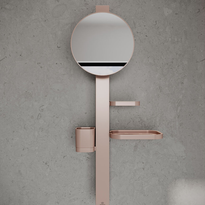 Ideal Standard Alu+ Beauty Bar S Комплект аксессуаров, состоящий из: штанги 70см., с направляющими справа и слева для установки аксессуаров по выбору при первичном монтаже; зеркало 20см., стаканчик; полочки, цвет: Rose