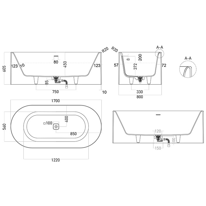 Salini Perla Plus Ванна 170x80см., отдельностоящая, S-Sense, цвет: белый глянцевый