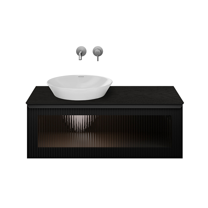 Kerama Marazzi Iconico Тумба 100см., подвесная, с рифленым стеклом, 1 ящик, столешница керамогранит Манифик вуд., цвет: черный