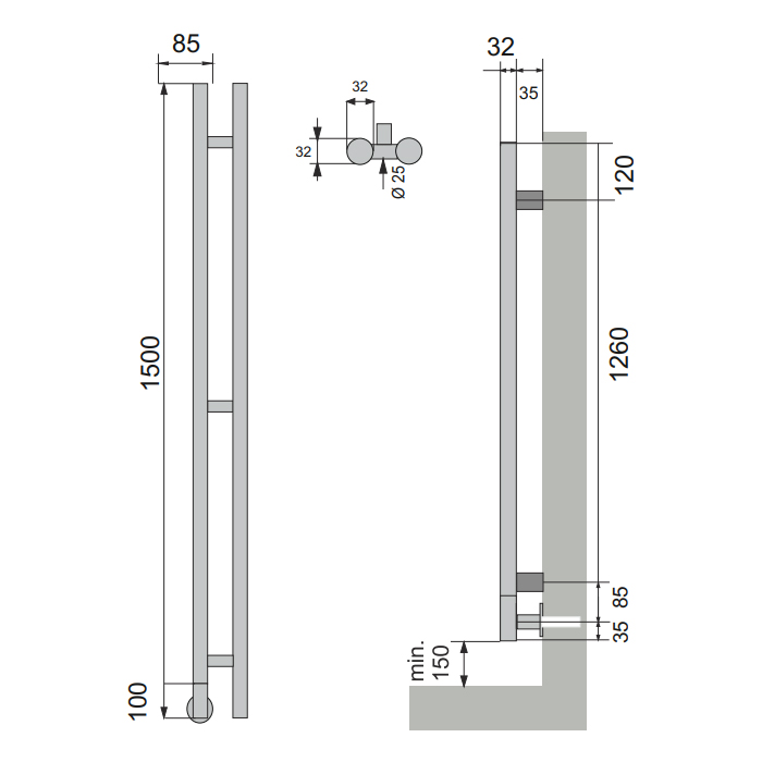 Neoinox Verto Полотенцесушитель 150x8.5см, электрический, тэн, цвет: черный матовый