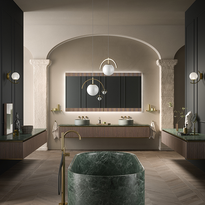 Oasis Naos Композиция №8 Комплект мебели 245x56xh32см, подвесной, мраморный топ verde alp, цвет: золото матовое/орех трубчатый