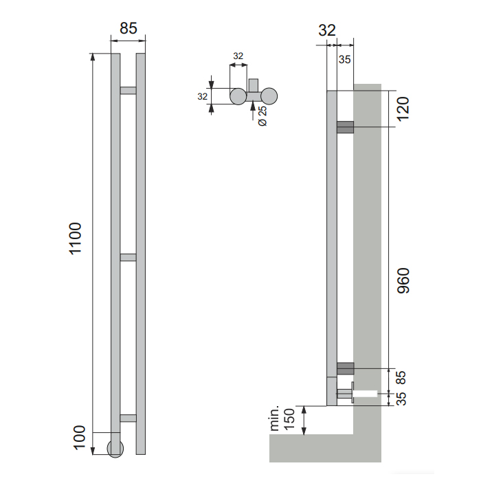 Neoinox Verto Полотенцесушитель 120x8.5см, электрический, тэн, цвет: белый матовый