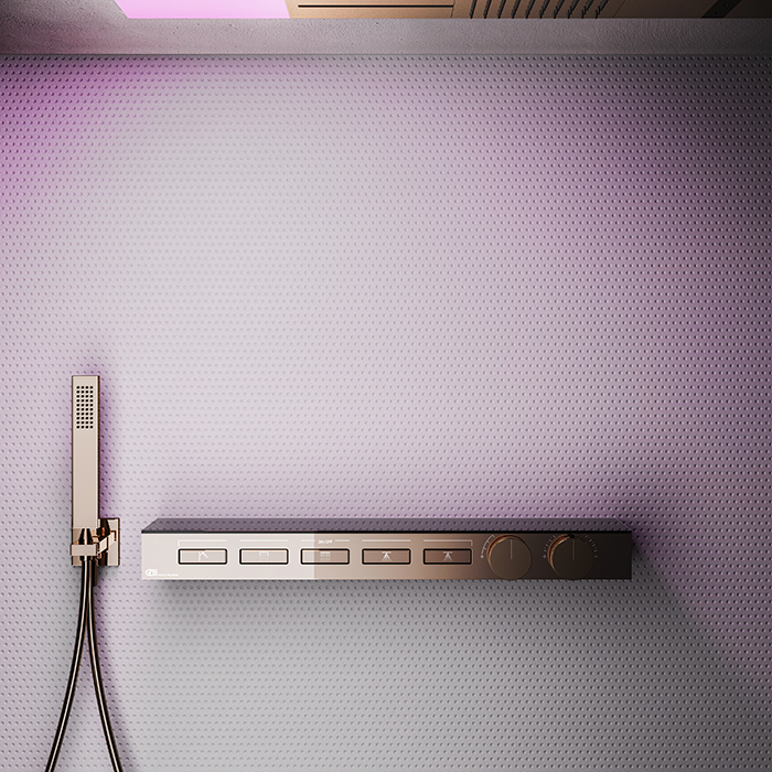 Gessi Hi-Fi Термостат для душа, с вкл. до 5 источников одновременно, с полкой из черного мат. стекла, цвет: Copper PVD