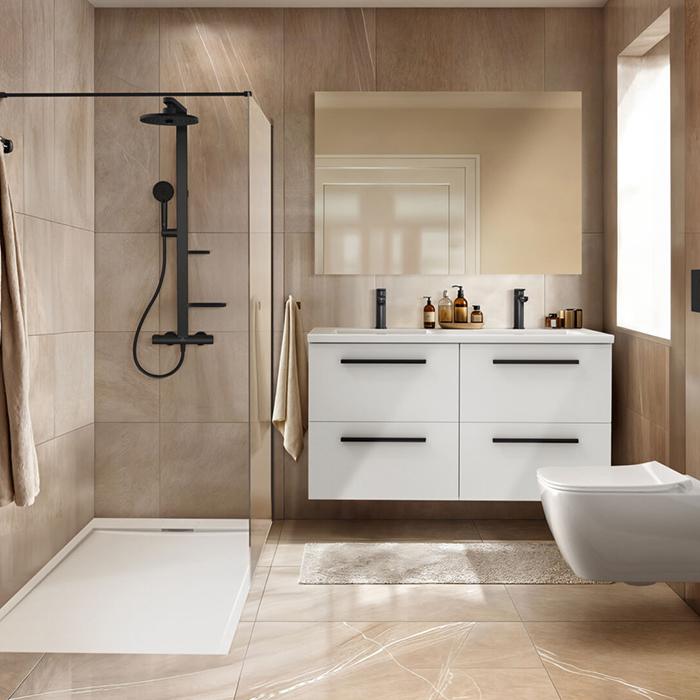 Ideal Standard ALU+ Душевая система, в комплекте с термостатическим смесителем, штанга, держатель лейки, верхний душ 26см., маленькая полочка 13см., большая полочка 20.8см., шланг 175см., цвет: Silk Black (Черный матовый)