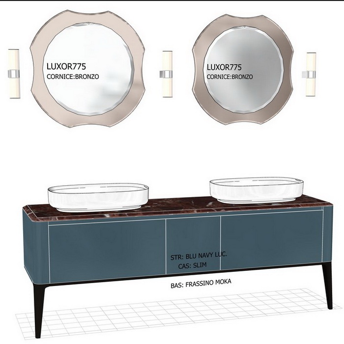 Antonio Lupi ILBagno Комплект мебели: тумба напольная с 2 раковинами 198x54см, цвет: Blu navy lucido