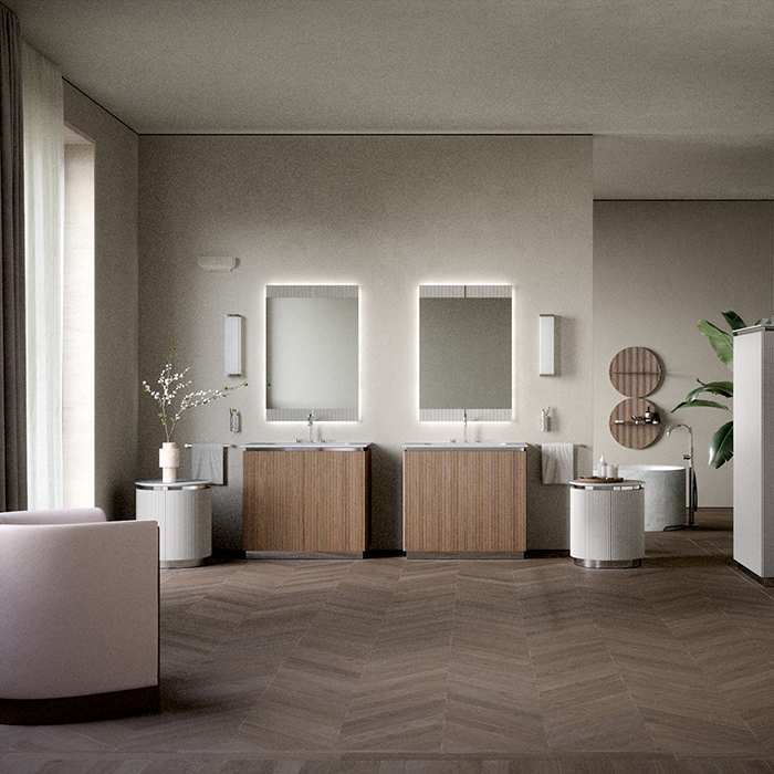 Oasis Naos Композиция №14 Комплект мебели 95x56xh85см, напольный, мраморный топ bianco carrara, цвет: орех трубчатый/хром