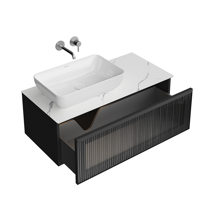 Kerama Marazzi Iconico Тумба 100см., подвесная, с рифленым стеклом, 1 ящик, со столешницей, цвет: черный