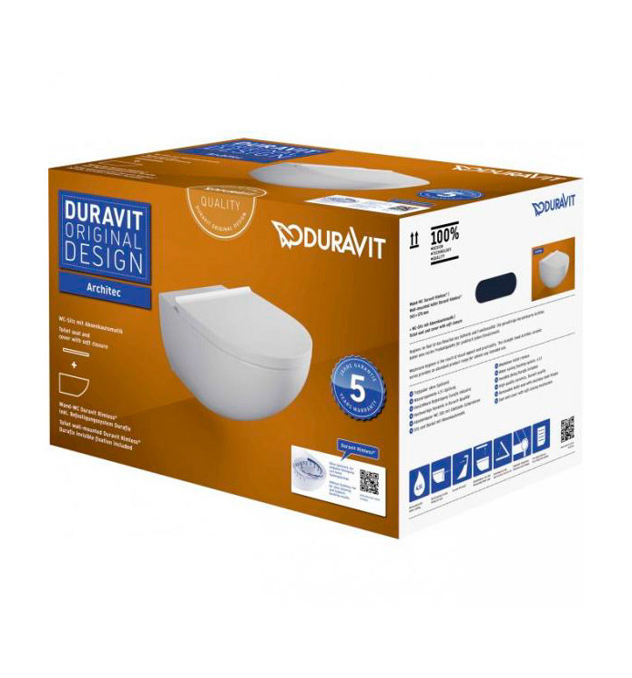 Duravit Architec Комплект: унитаз 57x36 см, подвесной, Rimless, сиденье с микролифтом, Durafix, цвет: белый