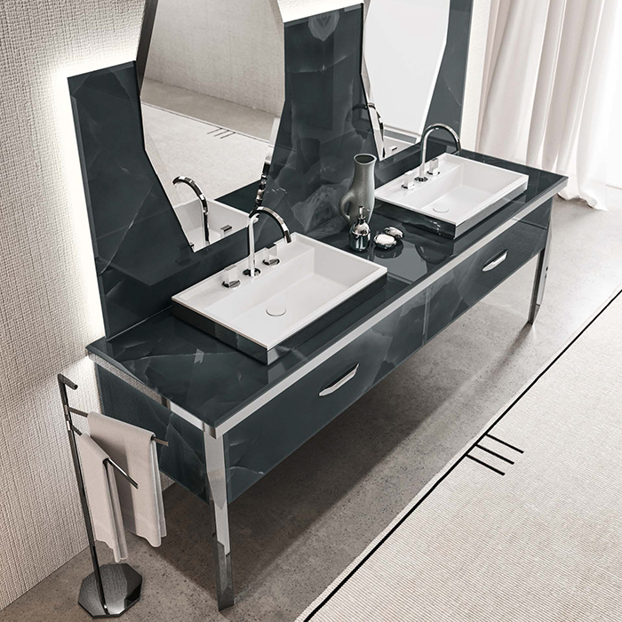 VITAGE milldue edition HILTON 06 Комплект мебели 226х56х77 см, напольный, 2 раковины, 2 зеркала, с подсветкой, цвет: стекло onice smoke