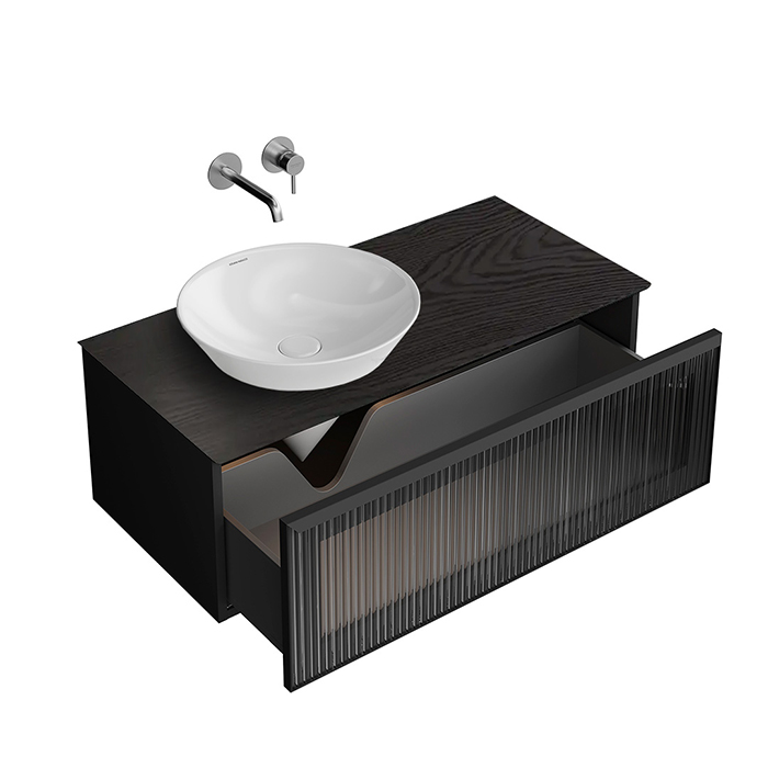 Kerama Marazzi Iconico Тумба 100см., подвесная, с рифленым стеклом, 1 ящик, столешница керамогранит Манифик вуд., цвет: черный