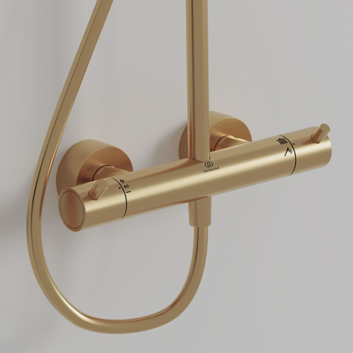 Ideal Standard Ceratherm T125 Душевая система, с термостатическим смесителем, душевая лейка stick, верхний душ Ø30см., поворотный держатель верхнего душа, настенный кронштейн, шланг для душа IdealFlex 175см., цвет: PVD Brushed Gold (Шлифованное Золото)