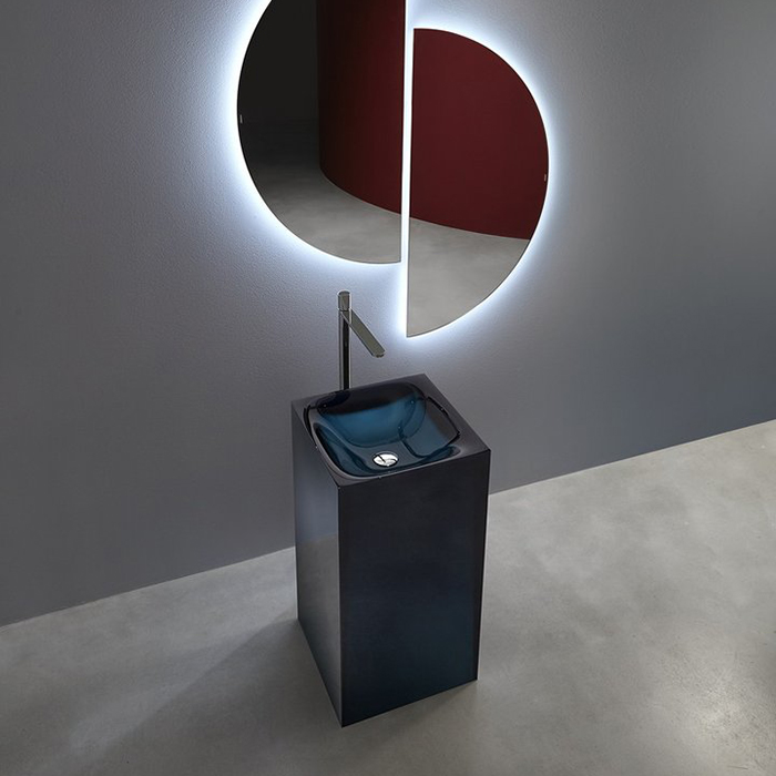 Antonio Lupi Aura Раковина 45x45x85 см, напольная, слив в пол, без отв для смесит, с дон клапан, сифоном и трубой слива, Cristalmood, цвет: Ceruleo