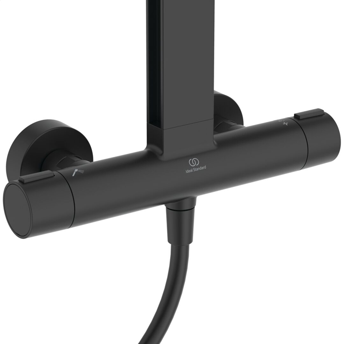 Ideal Standard ALU+ Душевая система, в комплекте с термостатическим смесителем, штанга, держатель лейки, верхний душ 26см., маленькая полочка 13см., большая полочка 20.8см., шланг 175см., цвет: Silk Black (Черный матовый)