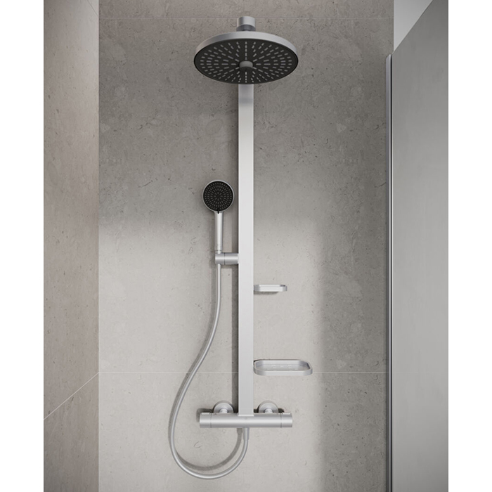 Ideal Standard ALU+ Душевая система, в комплекте с термостатическим смесителем, штанга, держатель лейки, верхний душ 26см., маленькая полочка 13см., большая полочка 20.8см., шланг 175см., цвет: Silver (Серебряный)