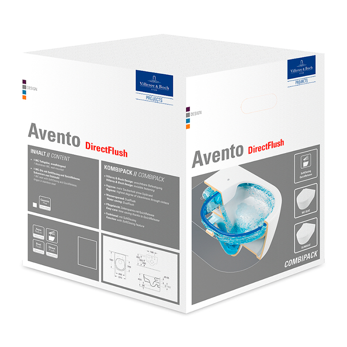 Villeroy&Boch Avento Унитаз 37x31см., подвесной, безободковый, с гориз. выпуском, с сиденьем микролифт, цвет: альпийский белый