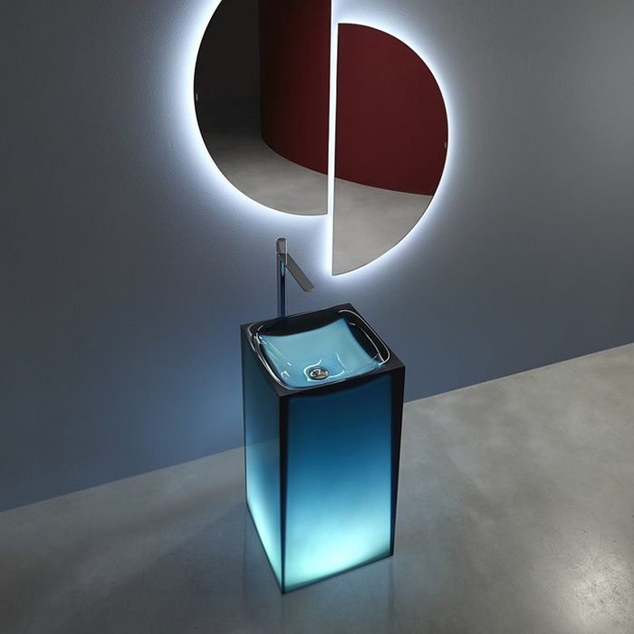 Antonio Lupi Aura Раковина 45x45x85 см, напольная, слив в пол, без отв для смесит, с дон клапан, сифоном и трубой слива, Cristalmood, цвет: Ceruleo