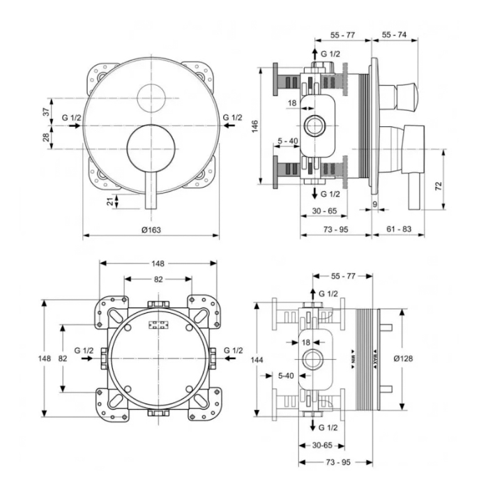 Ideal Standard Ceraline Душевой комплект: встраиваемый смеситель для ванны/душа, верхний душ Ø20см., держатель, лейка для душа и шланг 175см., цвет: хром