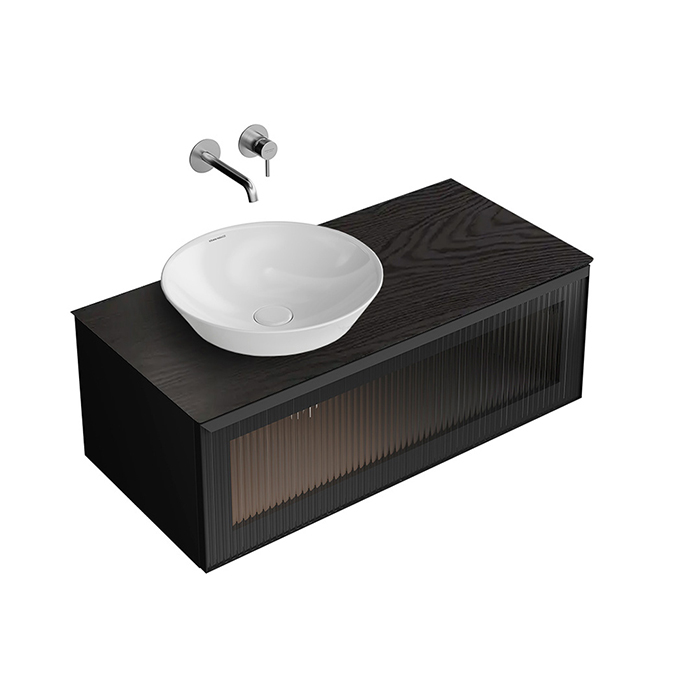 Kerama Marazzi Iconico Тумба 100см., подвесная, с рифленым стеклом, 1 ящик, столешница керамогранит Манифик вуд., цвет: черный