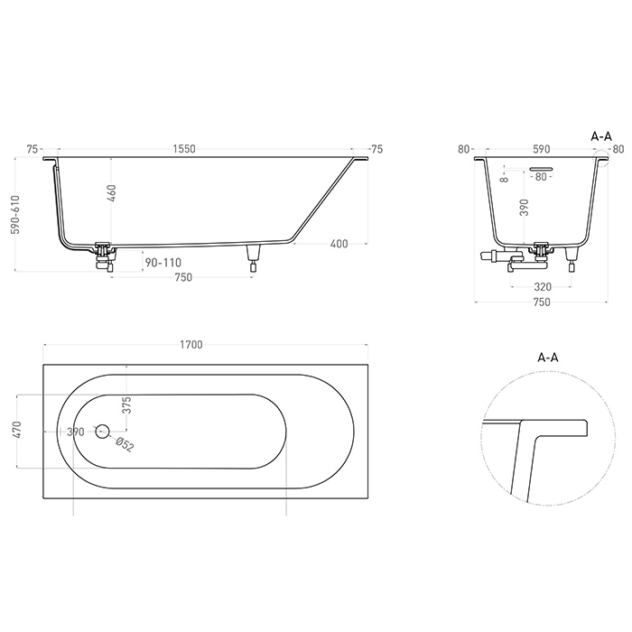 Salini Lofo Kit Ванна 170x75x59см, отдельностоящая, Gelcoat, с донным клапаном, сифоном, ножками, слив-переливом, цвет: белый глянцевый