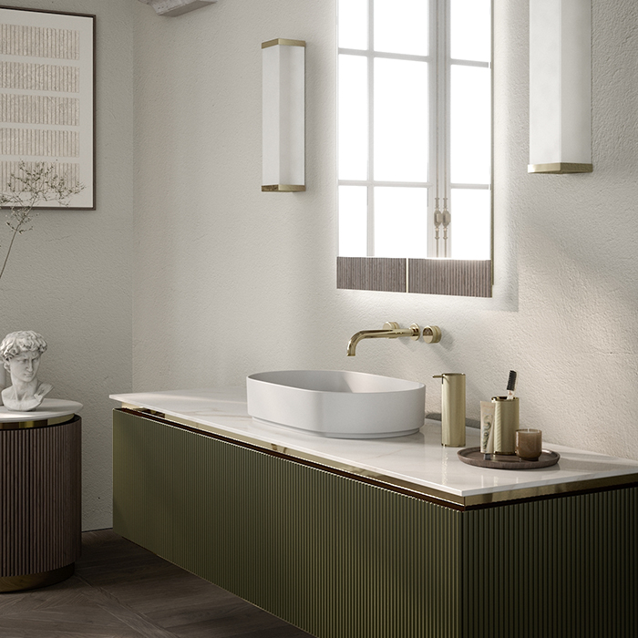 Oasis Naos Композиция №15 Комплект мебели 185x56xh45см, подвесной, мраморный топ calacatta oro, цвет: лак матовый/золото матовое