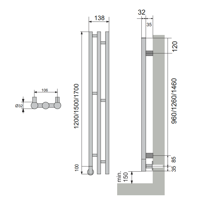 Neoinox Verto Полотенцесушитель 150x13.8см, электрический, тэн, цвет: хром