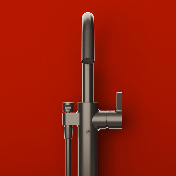 Ideal Standard Joy Смеситель для ванны, напольный, с ручным душем Stick, шланг для душа Idealflex 125см., для монтажа с A6133NU, цвет: PVD Magnetic Grey