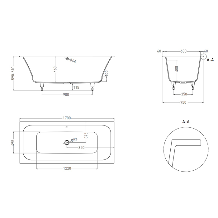 Salini Orlanda Axis 180 Встраиваемая ванна на ножках 170x75x60см, материал: S-Sense, цвет: белый матовый