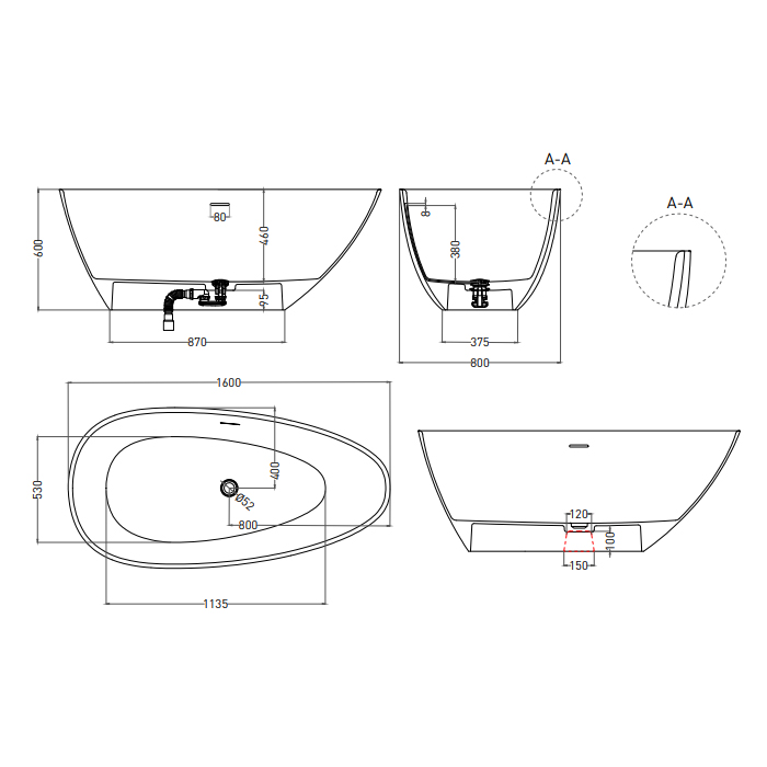 Salini Paola Ванна 160x80см., отдельностоящая, S-Sense, цвет: белый глянцевый