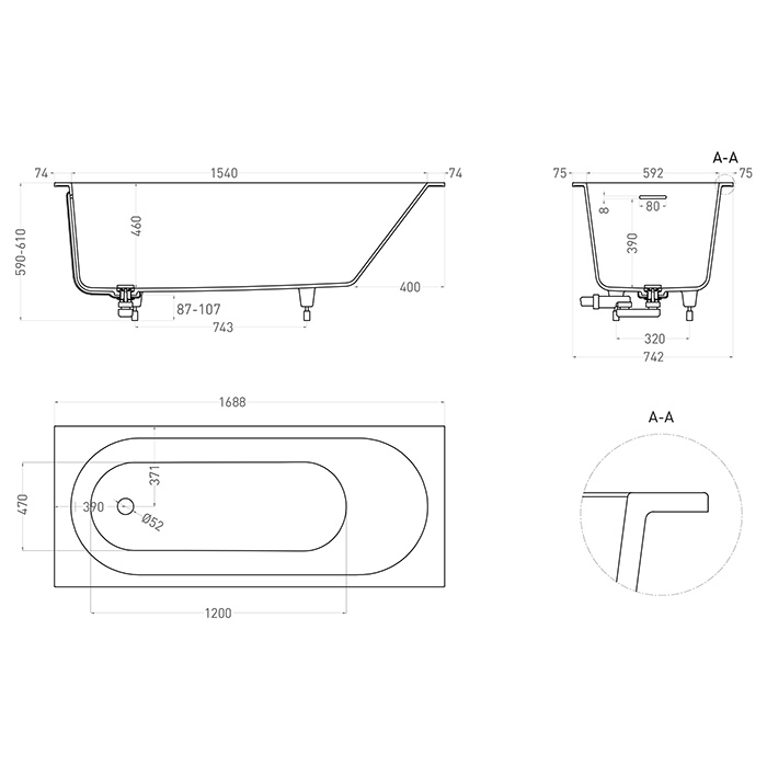 Salini Lofo Kit Ванна 168.8x74.2x59см, встраиваемая, Solid Surface, с донным клапаном, сифоном, ножками, слив-переливом, цвет: белый матовый