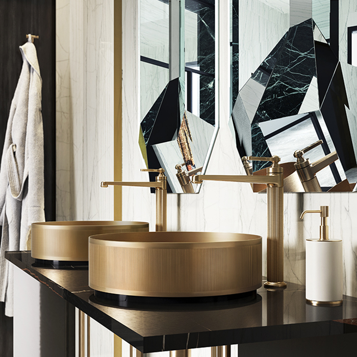 Gessi Venti20 Смеситель для раковины на 1 отверстие, однорычажный, высокий, в комплекте с донным клапаном, цвет: Brass PVD
