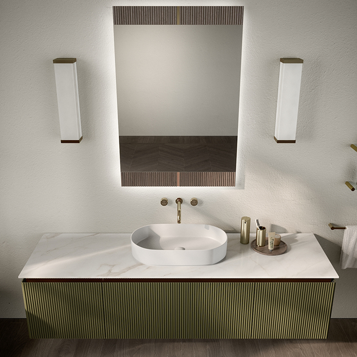 Oasis Naos Композиция №15 Комплект мебели 185x56xh45см, подвесной, мраморный топ calacatta oro, цвет: лак матовый/золото матовое