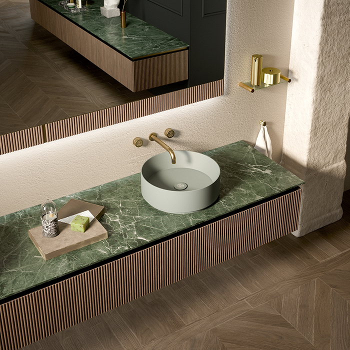 Oasis Naos Композиция №8 Комплект мебели 245x56xh32см, подвесной, мраморный топ verde alp, цвет: золото матовое/орех трубчатый
