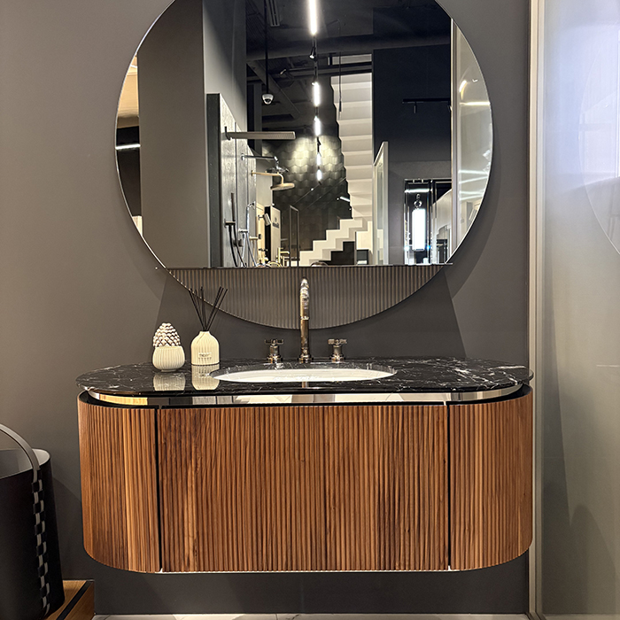 Oasis Naos Тумба подвесная 126х56см, топ мрамор nero marquinia, зеркало LED, цвет: орех трубчатый/хром