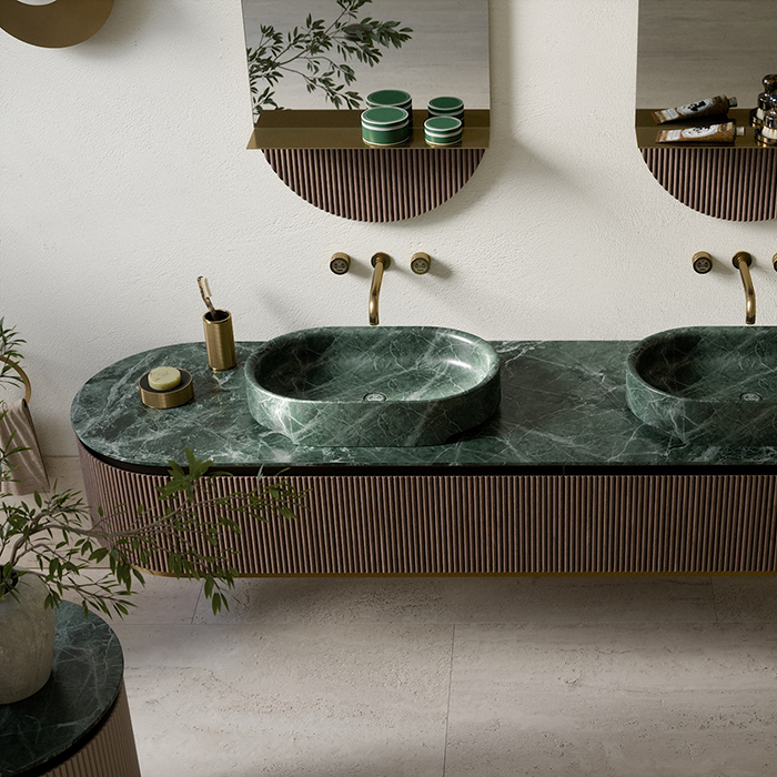 Oasis Naos Композиция №1 Комплект мебели 236x56xh32см, подвесной, мраморный топ verde alp, цвет: золото матовое/орех трубчатый