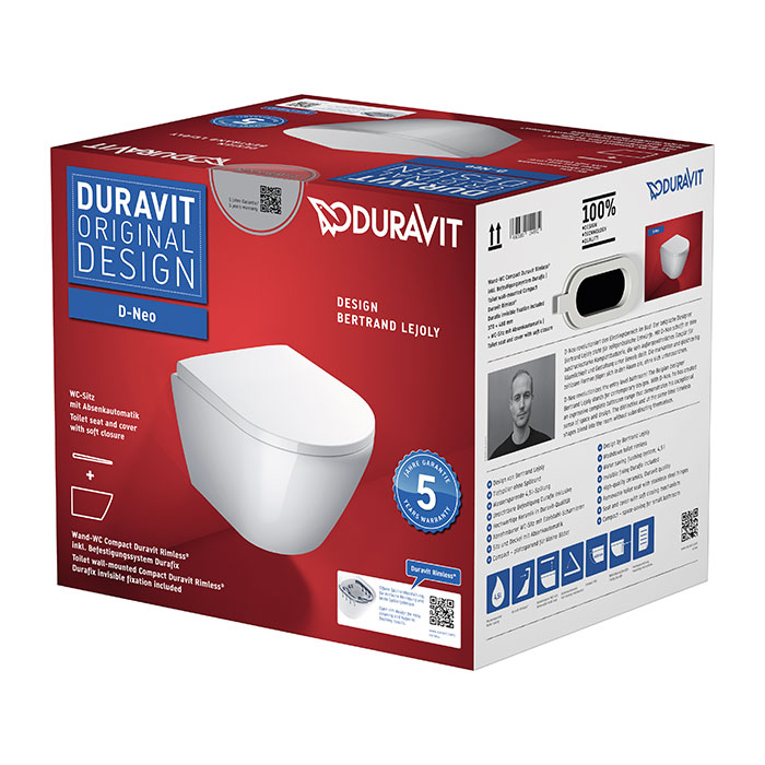 Duravit D-Neo Унитаз 47см., подвесной, безободковый, сиденье микролифт, цвет: белый