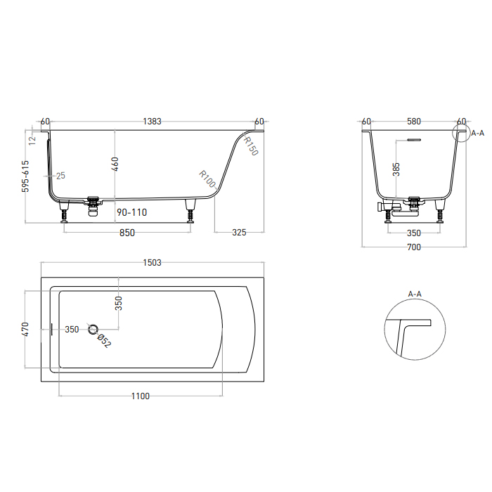 Salini Cascata Kit Ванна 150x70x62.5см., встраиваемая, S-Sense, цвет: белый глянцевый