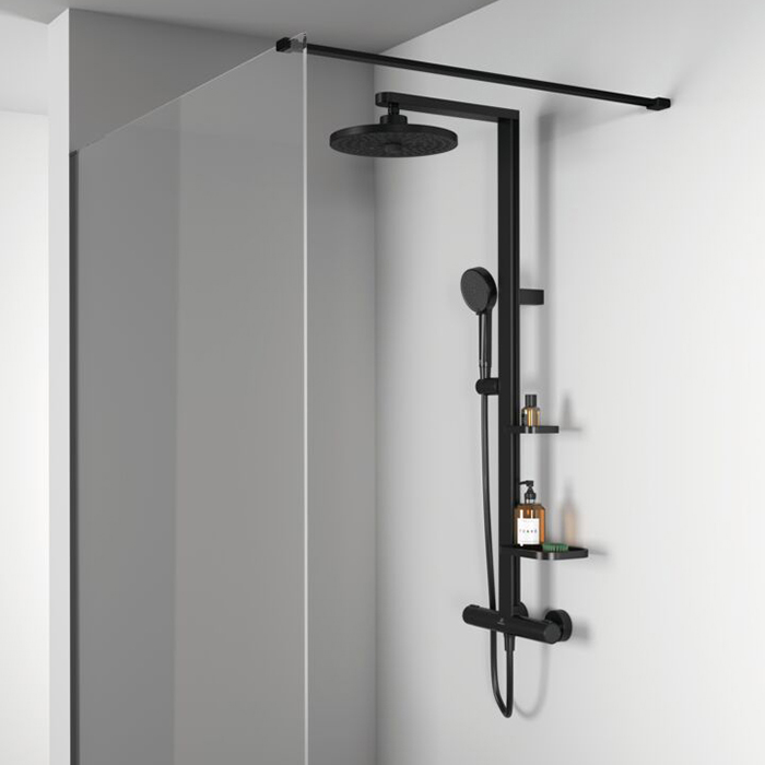 Ideal Standard ALU+ Душевая система, в комплекте с термостатическим смесителем, штанга, держатель лейки, верхний душ 26см., маленькая полочка 13см., большая полочка 20.8см., шланг 175см., цвет: Silk Black (Черный матовый)