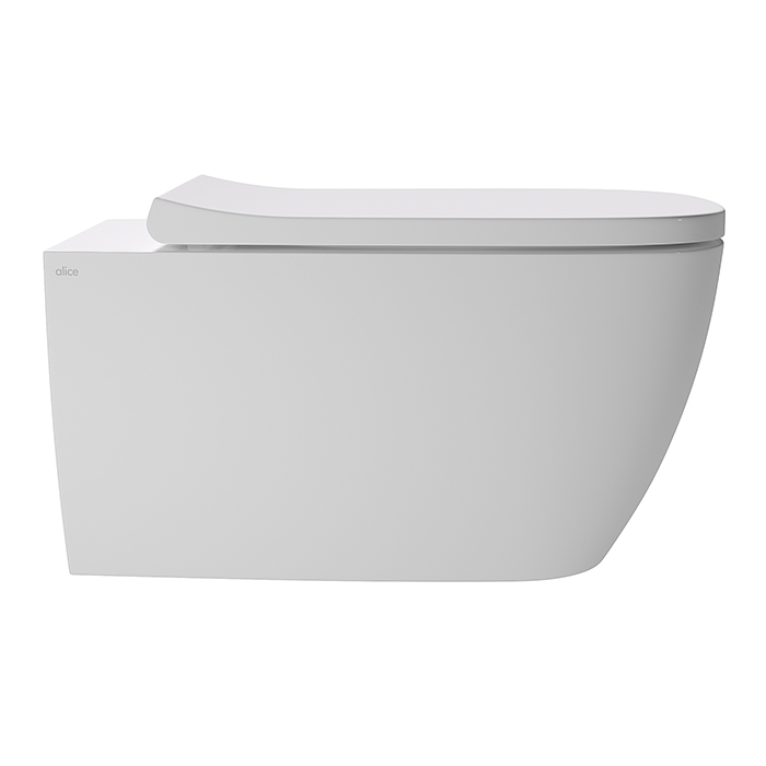 Alice Wunder Унитаз 53х31см., подвесной, безободковый, смыв aliflush+, с сиденьем и крышкой с микролифтом, с набором для крепления, цвет: белый глянцевый