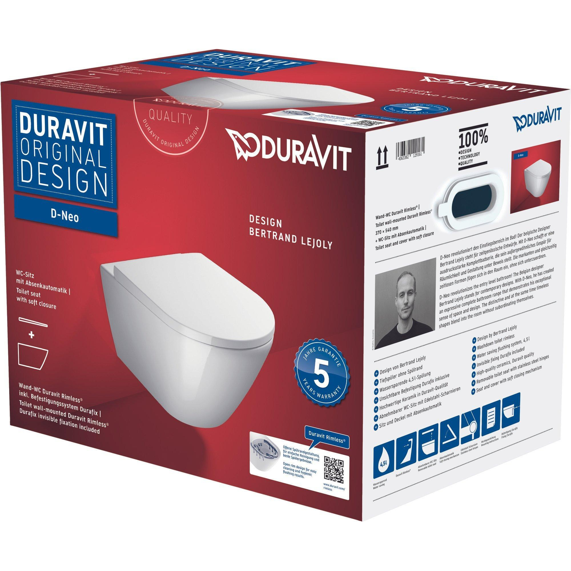 Duravit D-Neo Унитаз подвесной 37x54 см, безободковый, в комплекте с сиденьем 0021690000, цвет: белый