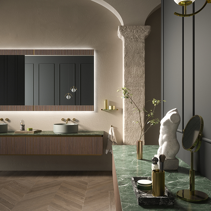 Oasis Naos Композиция №8 Комплект мебели 245x56xh32см, подвесной, мраморный топ verde alp, цвет: золото матовое/орех трубчатый