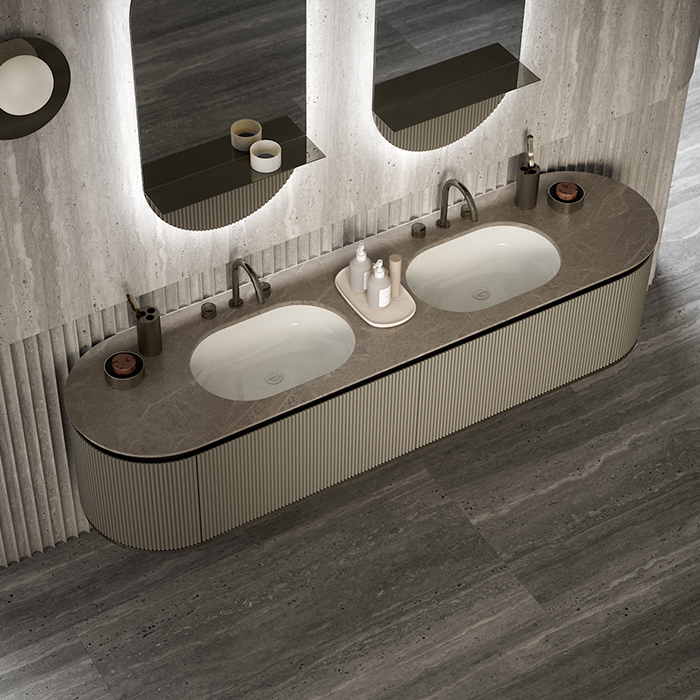 Oasis Naos Композиция №3 Комплект мебели 216x56xh45см, подвесной, мраморный топ pietra medea, цвет: никель черный/лак матовый