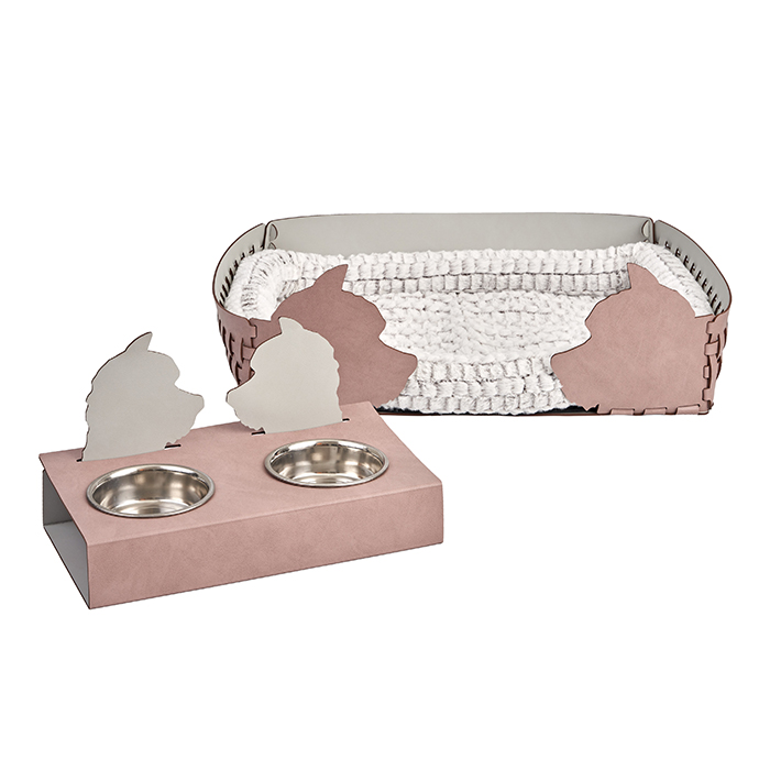 ADJ Подставка с мисками Dog, хром, 40x22xH7.5 см., цвет: пепельная роза/устричный