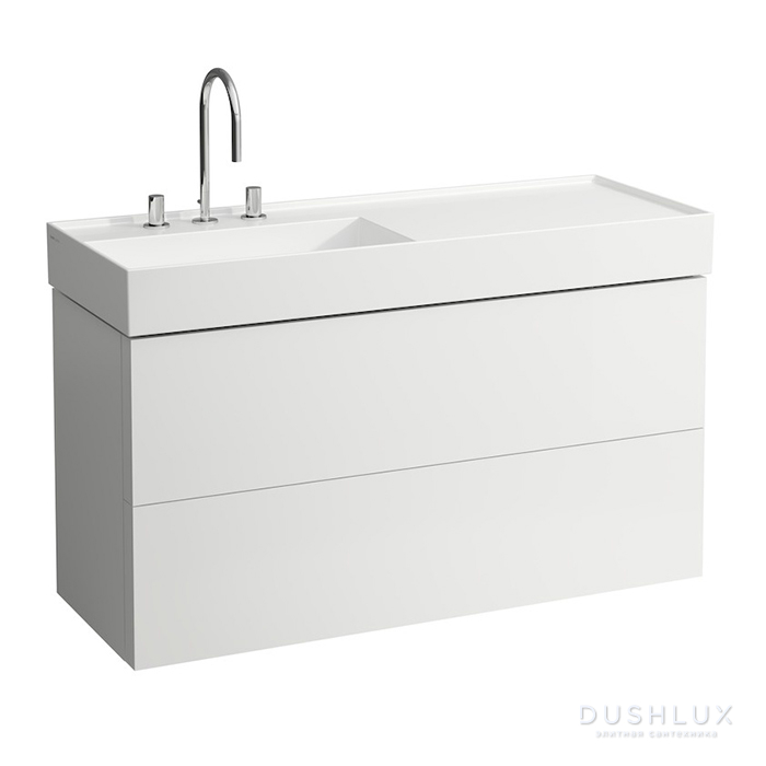 Фото Laufen Kartell Тумба с раковиной 118x45x60см., подвесная, 2 выдвиж. ящика, полочка справа, с сифоном, цвет: белый матовый