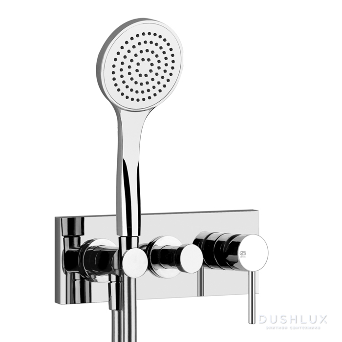Фото Gessi Emporio Via tortona Смеситель для душа, встраиваемый, на 2 позиции с переключателем, подводом воды и держателем лейки, душевой лейкой и шлангом, цвет: хром