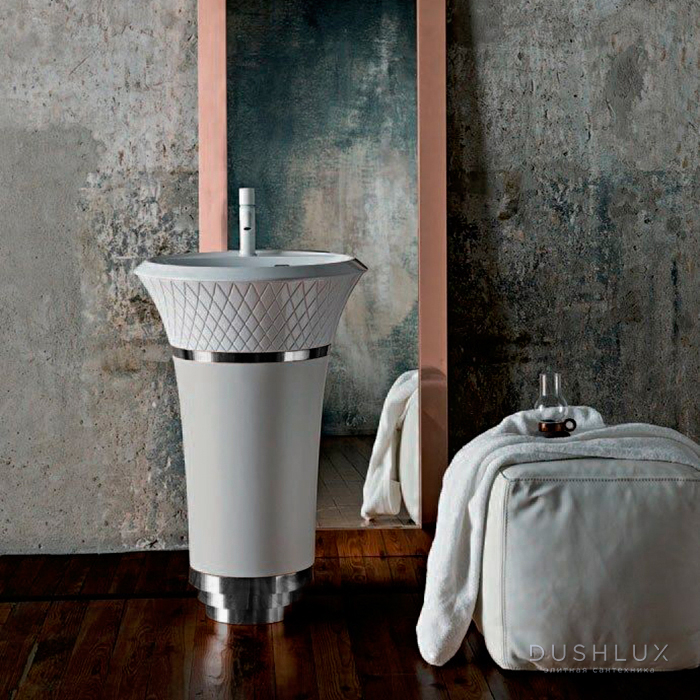 Фото Falper George Раковина 58х58х87 см, 1 отв., напольная, выпуск в стену, цвет: White faux leather